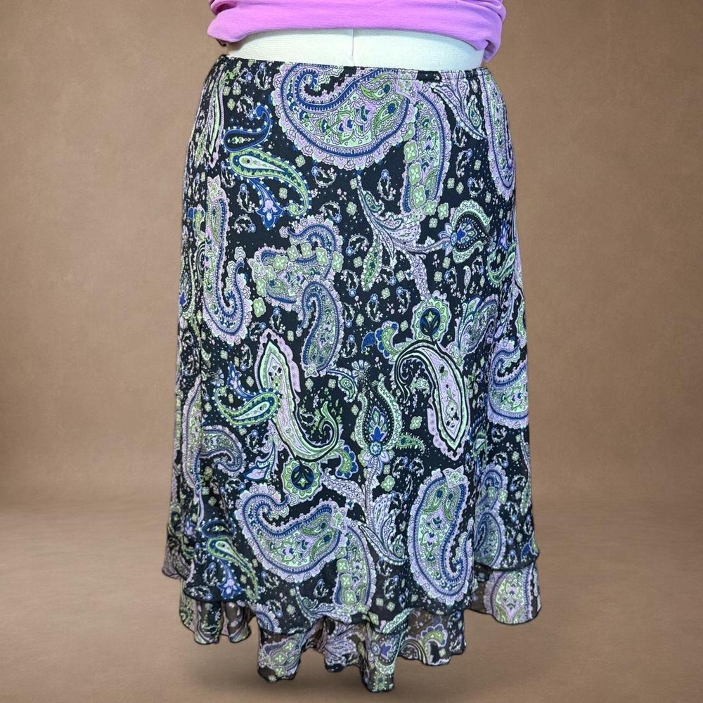 Y2K Paisley Ruffle Skirt Black Green Purple Boho Fairycore Midi Maxi - Picture 2 of 6
